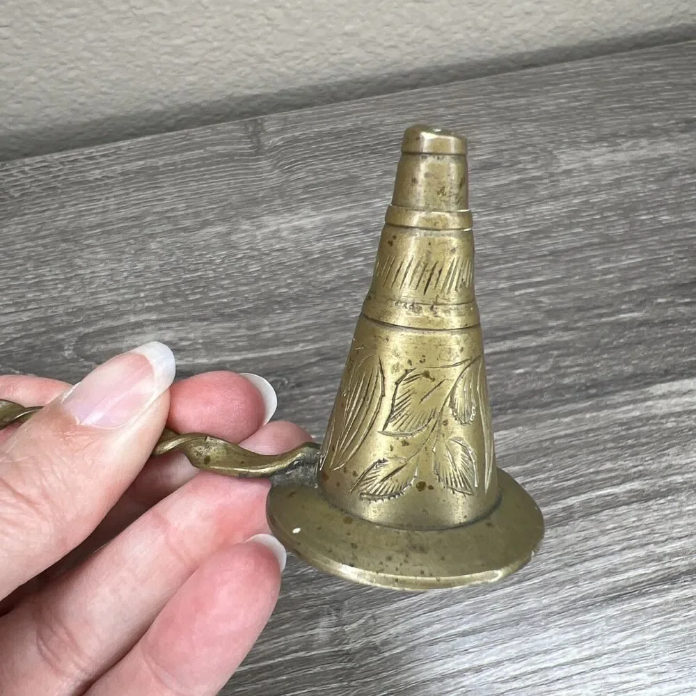 Vintage Brass Cone Shape Candle Snuffer Floral Design Spiral Stem